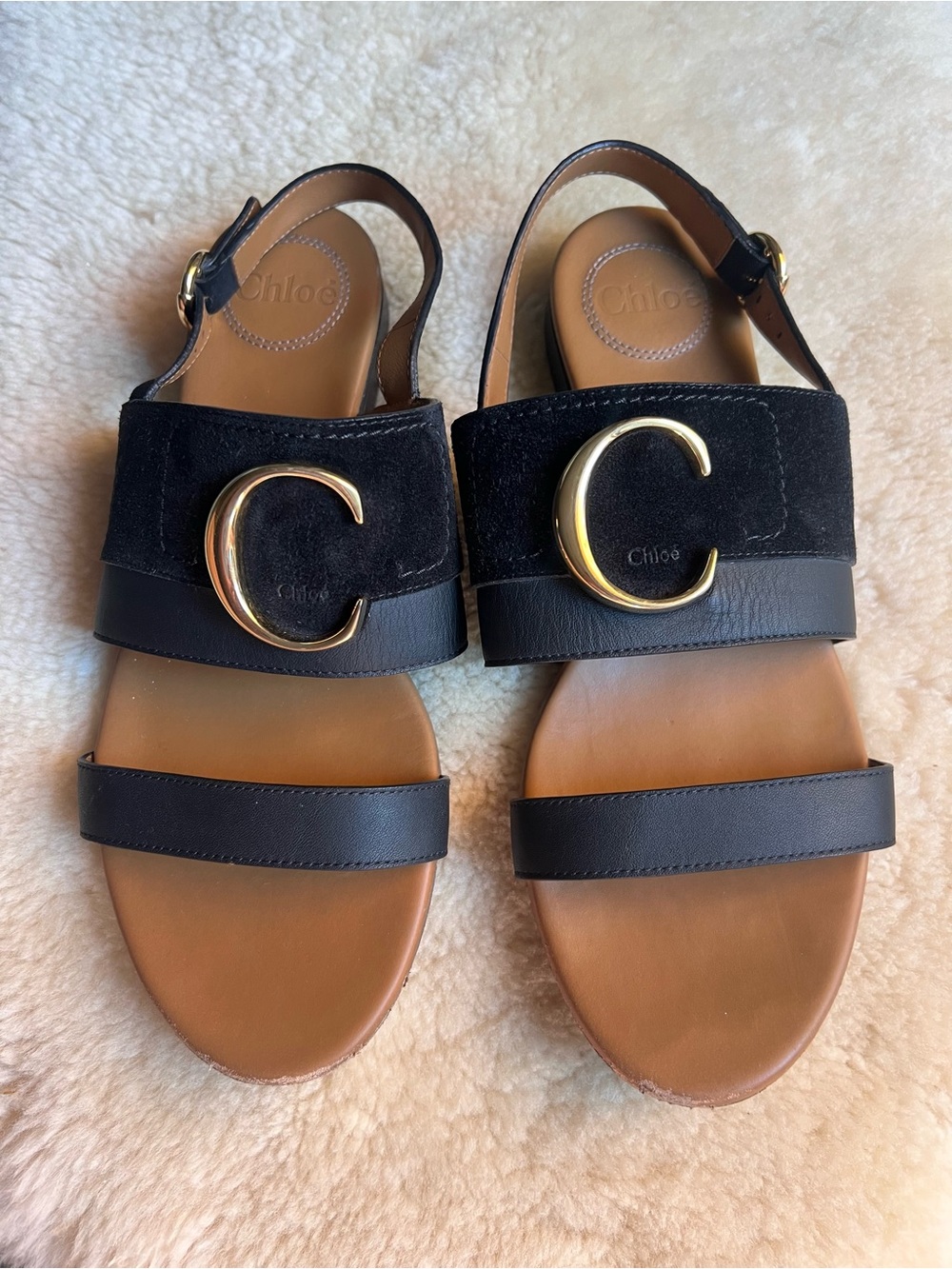 CHLOE C Slingback Sandals Sz 39 US 9 Suede Leather Black Chic Luxury Summer - Picture 2 of 16